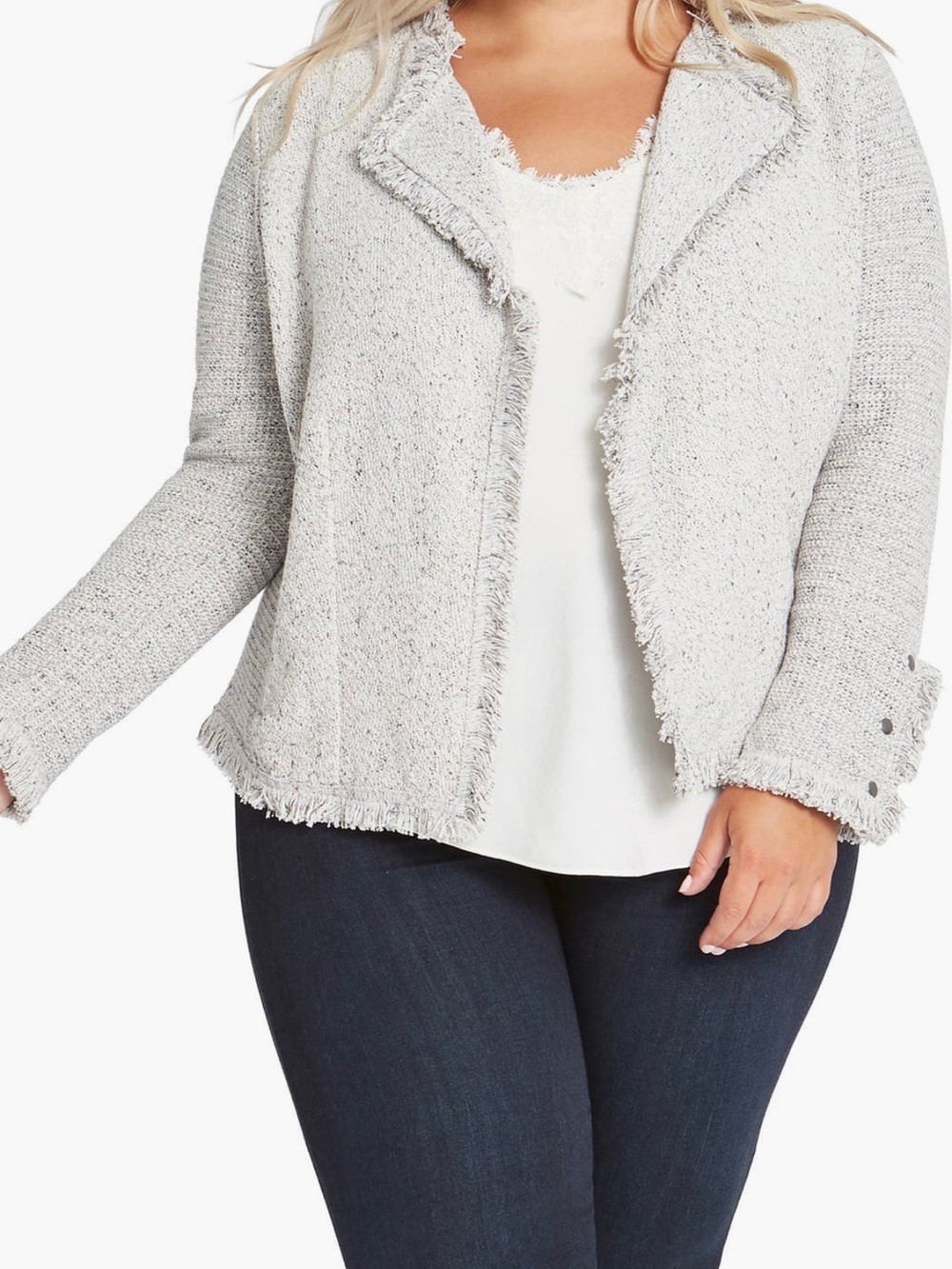 NIC+ZOE Light Gray Frayed Edge Knit Blazer